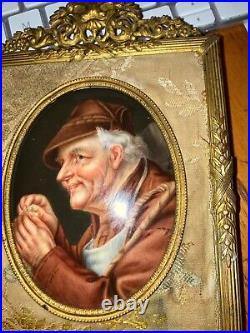 Antique 1800's Enamel On Copper Portrait Of Old Fisherman In Orate Brass Frame