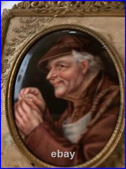 Antique 1800's Enamel On Copper Portrait Of Old Fisherman In Orate Brass Frame