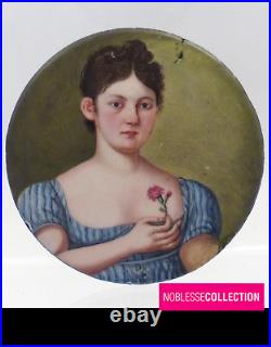 Antique 1850 French Miniature Hand Painted On Enamel/porcelain Woman With Flower