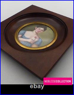Antique 1850 French Miniature Hand Painted On Enamel/porcelain Woman With Flower