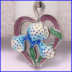 Antique 1920s Guilloche Enamel Iris Flower Heart Sterling Silver Charm Pendant