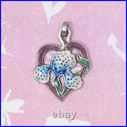 Antique 1920s Guilloche Enamel Iris Flower Heart Sterling Silver Charm Pendant