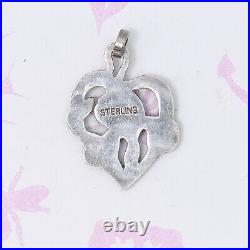 Antique 1920s Guilloche Enamel Iris Flower Heart Sterling Silver Charm Pendant