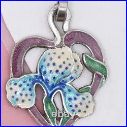 Antique 1920s Guilloche Enamel Iris Flower Heart Sterling Silver Charm Pendant