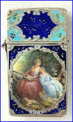 Antique 1930's Italian Engraved 800 Silver Double Sided Enamel Painted Art Deco