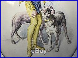Antique 19th Century Hand-Painted Jester & Two Dogs Enamel on Oval Iron Plaque