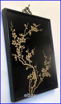Antique ASIAN Black LACQUER ENAMEL Painting GOLD CHERRY BLOSSOM Artist Signed