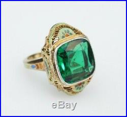 Antique Art Deco 14k Gold Green Crystal Hand Painted Enamel Ring Size 5.5 RG2521