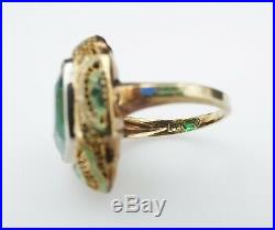 Antique Art Deco 14k Gold Green Crystal Hand Painted Enamel Ring Size 5.5 RG2521