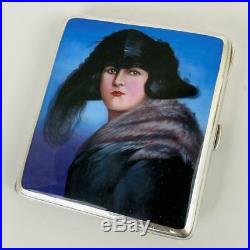 Antique Art Deco Alpaca Silver Enamel Woman Painted Portrait Cigarette Case Box