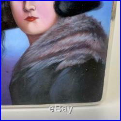 Antique Art Deco Alpaca Silver Enamel Woman Painted Portrait Cigarette Case Box