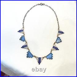 Antique Art Deco Blue Step Glass Enamel Necklace