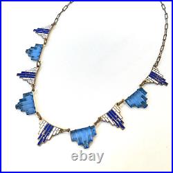 Antique Art Deco Blue Step Glass Enamel Necklace