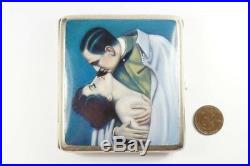 Antique Art Deco Cigarette Case Painted Enamel Movie Stars Valentino & Swanson