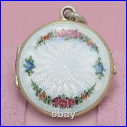 Antique Art Deco Guilloche Enamel Flower 800 Silver Vermeil Pendant Locket