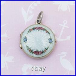 Antique Art Deco Guilloche Enamel Flower 800 Silver Vermeil Pendant Locket