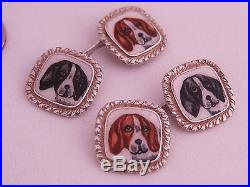 Antique Art Deco era 800 Coin Silver Cufflinks Enamel Painted Hunting Beagle Dog