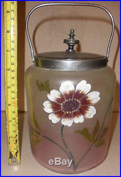 Antique Art Glass Biscuit Jar Victorian Enamel Hand Painted Flower Silver Plate