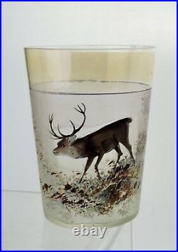Antique Art Glass Hand Painted Enameled Deer/buck Scenic Pitcher Tumbler Set 6