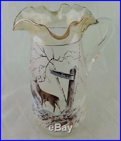Antique Art Glass Hand Painted Enameled Deer/buck Scenic Pitcher Tumbler Set 6