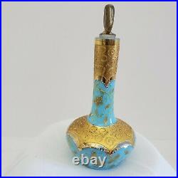 Antique Art Nouveau Blue Opaque Glass Perfume Bottle Gold Gilt Enamel Paint