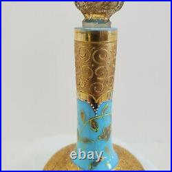 Antique Art Nouveau Blue Opaque Glass Perfume Bottle Gold Gilt Enamel Paint