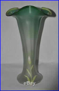 Antique Art Nouveau Green Satin Glass Iris Painted Enamel Vase Bohemian Czech 13