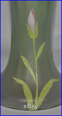 Antique Art Nouveau Green Satin Glass Iris Painted Enamel Vase Bohemian Czech 13