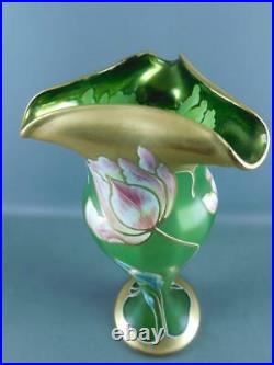 Antique Art Nouveau Hand Painted Enamel Gilded Tulip Art Glass Green Vase