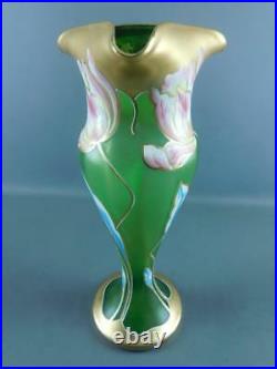 Antique Art Nouveau Hand Painted Enamel Gilded Tulip Art Glass Green Vase