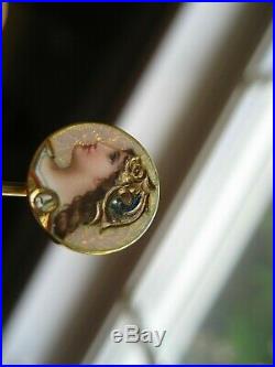 Antique Art Nouveau Hand Painted Enamel Old Mine Diamond Athena 14k Stickpin