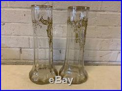 Antique Art Nouveau Harrach Pair of Glass Vases with Painted Floral Enamel Dec