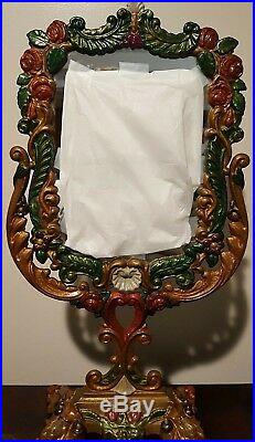Antique Art Nouveau Iron Painted Enamel Rose Floral Ram Head Heart Vanity Mirror