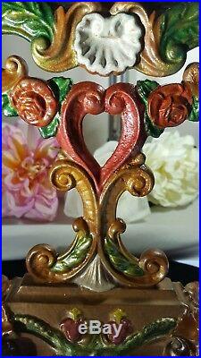 Antique Art Nouveau Iron Painted Enamel Rose Floral Ram Head Heart Vanity Mirror