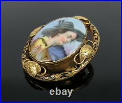 Antique Art Nouveau Painted Porcelain & Enamel 18K Yellow Gold Pendant Brooch