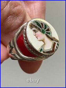 Antique Art Nouveau Sterling Silver Ring Enamel Painted 925