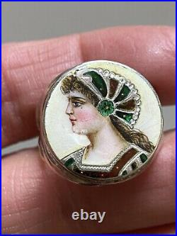 Antique Art Nouveau Sterling Silver Ring Enamel Painted Silberring 925