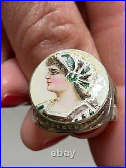 Antique Art Nouveau Sterling Silver Ring Enamel Painted Silberring 925