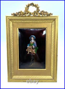 Antique Artist Signed Dore Bronze Framed French Enamel Plaque Musketeer