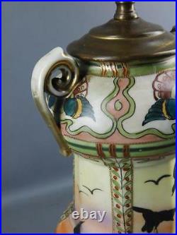 Antique Asian Art Nouveau Hand Painted Porcelain Enamel Birds Boudoir Table Lamp