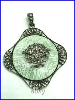 Antique Austria Sterling Silver Mint Green Guilloche Enamel Giardinetto Pendant