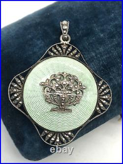 Antique Austria Sterling Silver Mint Green Guilloche Enamel Giardinetto Pendant