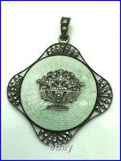 Antique Austria Sterling Silver Mint Green Guilloche Enamel Giardinetto Pendant