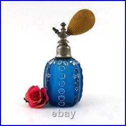 Antique BLUE Satin BOHEMIAN Art Glass PERFUME ATOMIZER hand painted ENAMEL