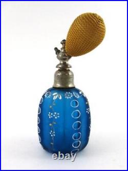 Antique BLUE Satin BOHEMIAN Art Glass PERFUME ATOMIZER hand painted ENAMEL