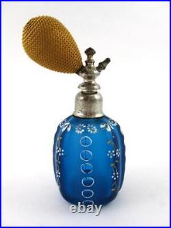 Antique BLUE Satin BOHEMIAN Art Glass PERFUME ATOMIZER hand painted ENAMEL