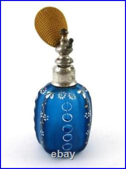 Antique BLUE Satin BOHEMIAN Art Glass PERFUME ATOMIZER hand painted ENAMEL