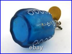 Antique BLUE Satin BOHEMIAN Art Glass PERFUME ATOMIZER hand painted ENAMEL