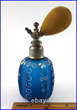 Antique BLUE Satin BOHEMIAN Art Glass PERFUME ATOMIZER hand painted ENAMEL