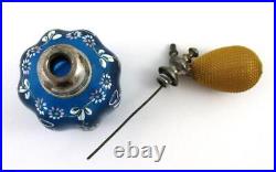 Antique BLUE Satin BOHEMIAN Art Glass PERFUME ATOMIZER hand painted ENAMEL